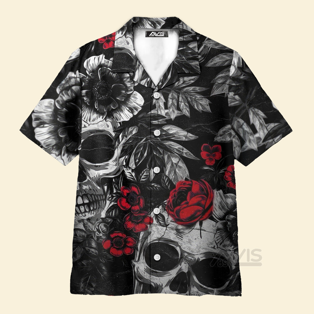 Avis89 Skull Rose Print Black And Red - Hawaiian Shirt