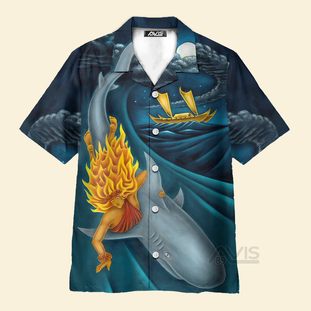 Avis89 Shark Surfing In The  Ocean Blue Pattern - Hawaiian Shirt