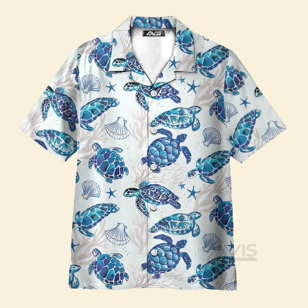 Avis89 Blue Sea Turtle And Mussel Pattern - Hawaiian Shirt