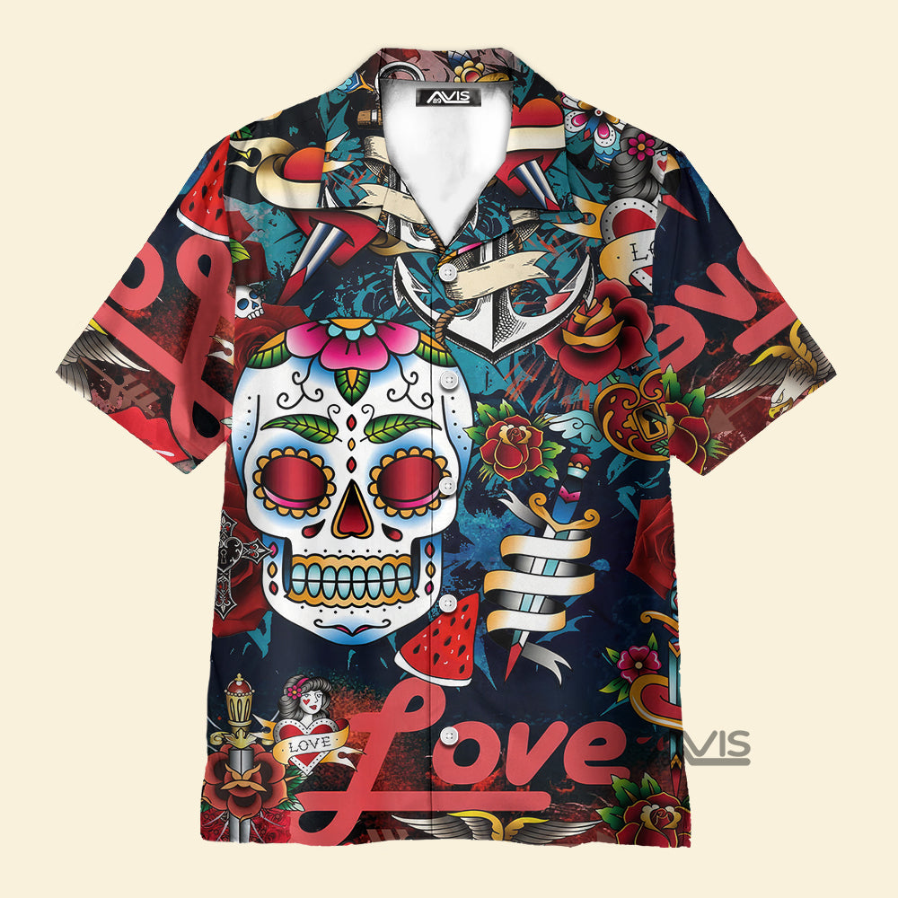 Avis89 Colorful Tattoos Flowers Of The Dead Skulls And Roses - Hawaiian Shirt