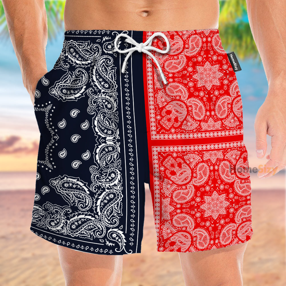 Two Paisley Bandanas Navy And Red - Beach Shorts