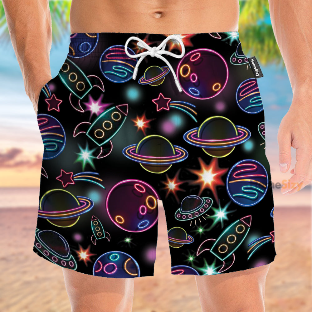 Glowing Space With Rainbow Star Neon - Beach Shorts