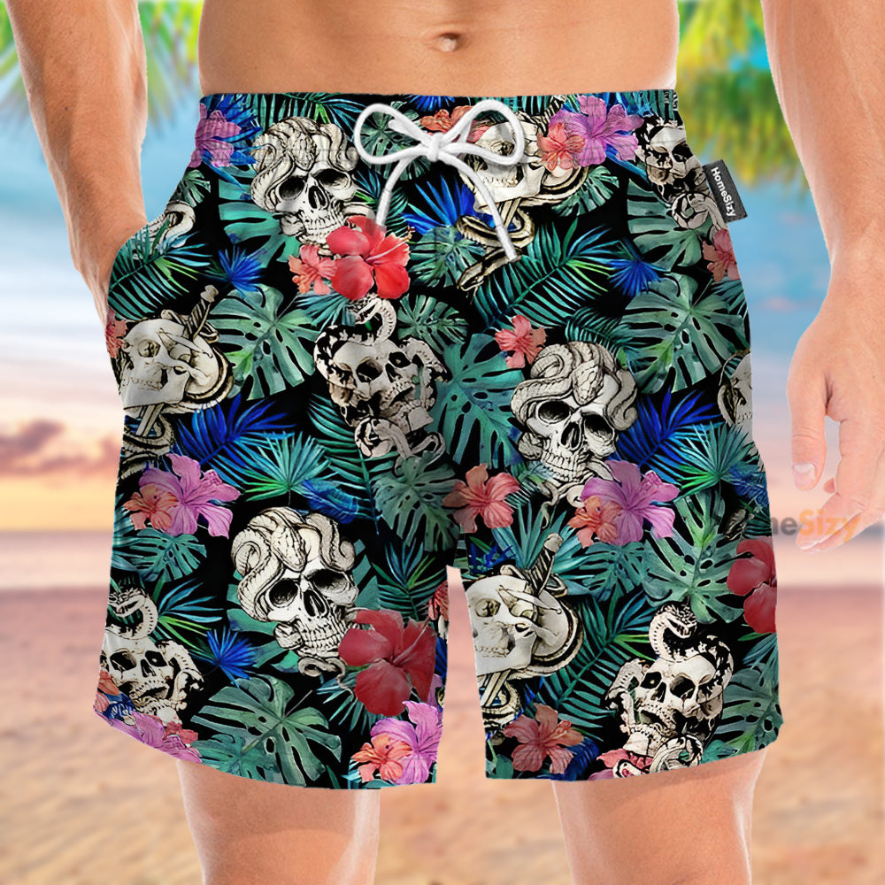 Skull And Snake In Green Leaves Pattern - Beach Shorts