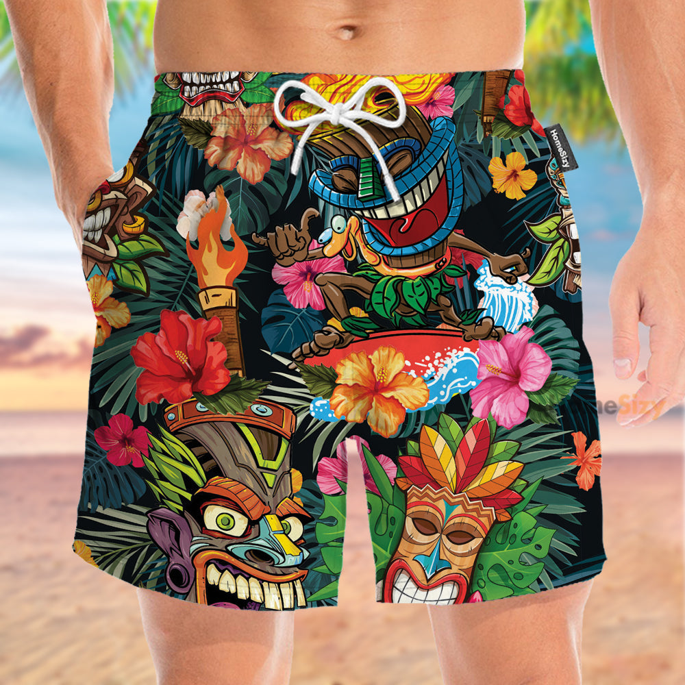 Tiki Awesome In Green Leaves Pattern - Beach Shorts