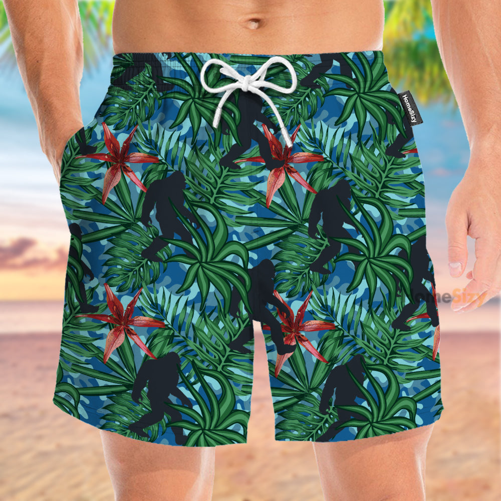 Silhouette Walking Bigfoot Leaves Pattern - Beach Shorts