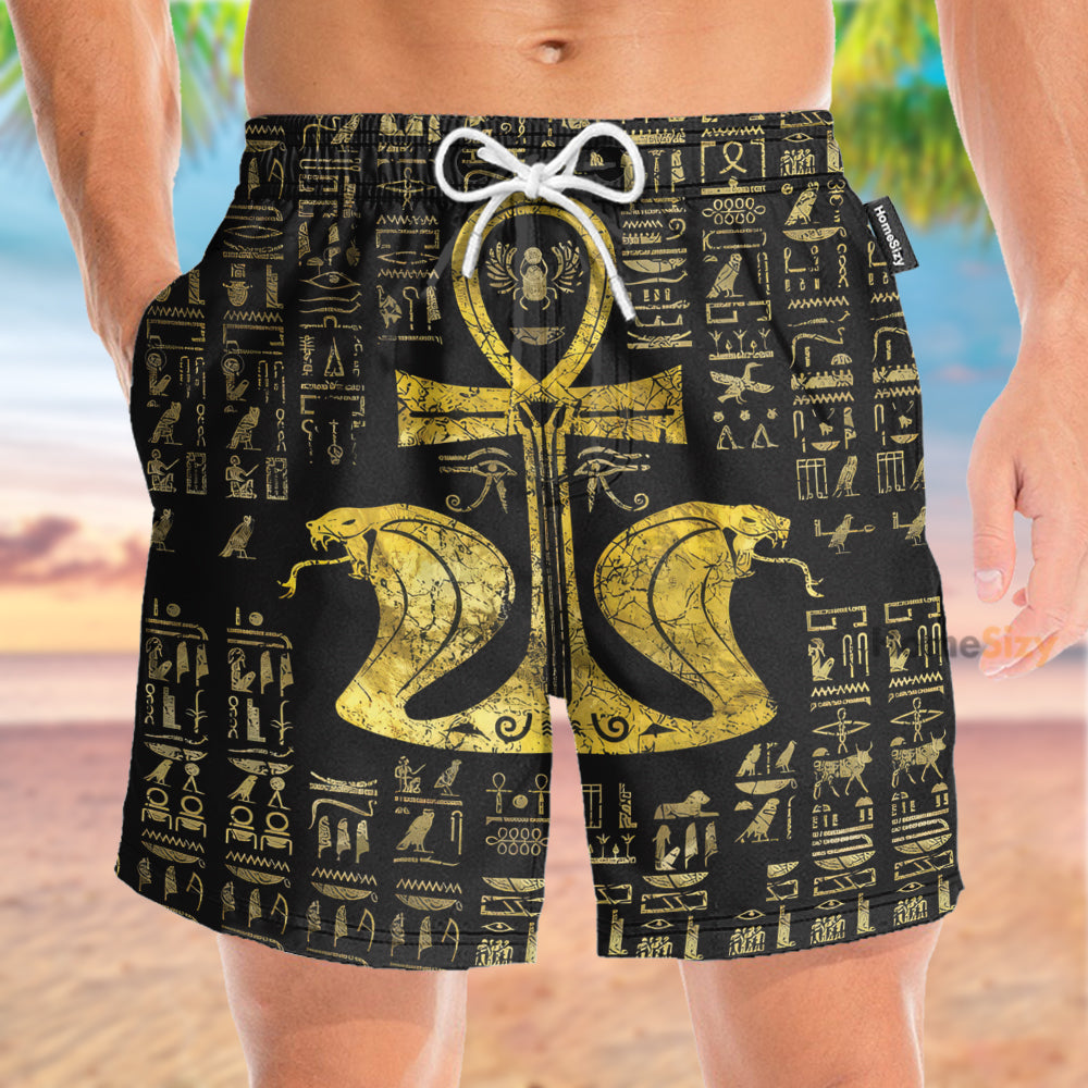 Egyptian Cross Ankh Snake Golden Pattern - Beach Shorts