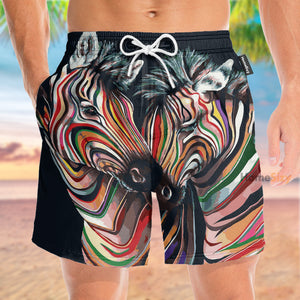 Zebra Couple Coloful In Black - Beach Shorts