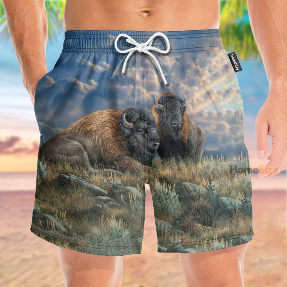 Couple Bison In Field - Beach Shorts