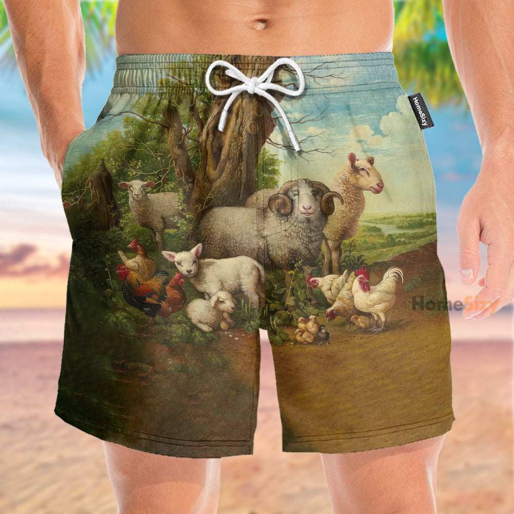 Sheep And Chickens Farming Animals - Beach Shorts