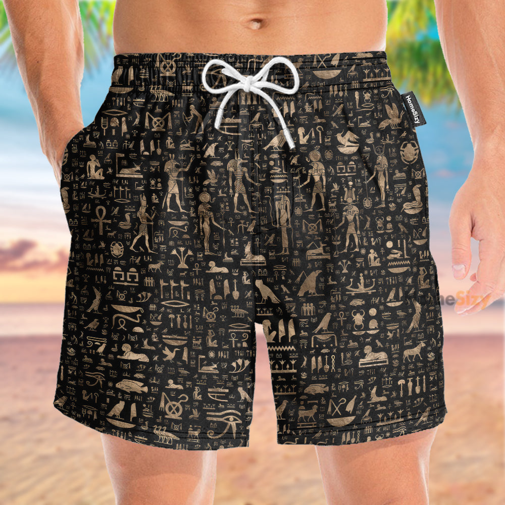 Golden God Jesuss And Hieroglyphs Pattern - Beach Shorts