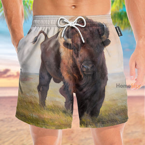 Bison In Field Funny Tropical - Beach Shorts