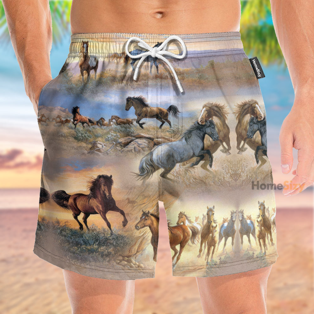 Beautiful Horses Running In Jungle - Beach Shorts