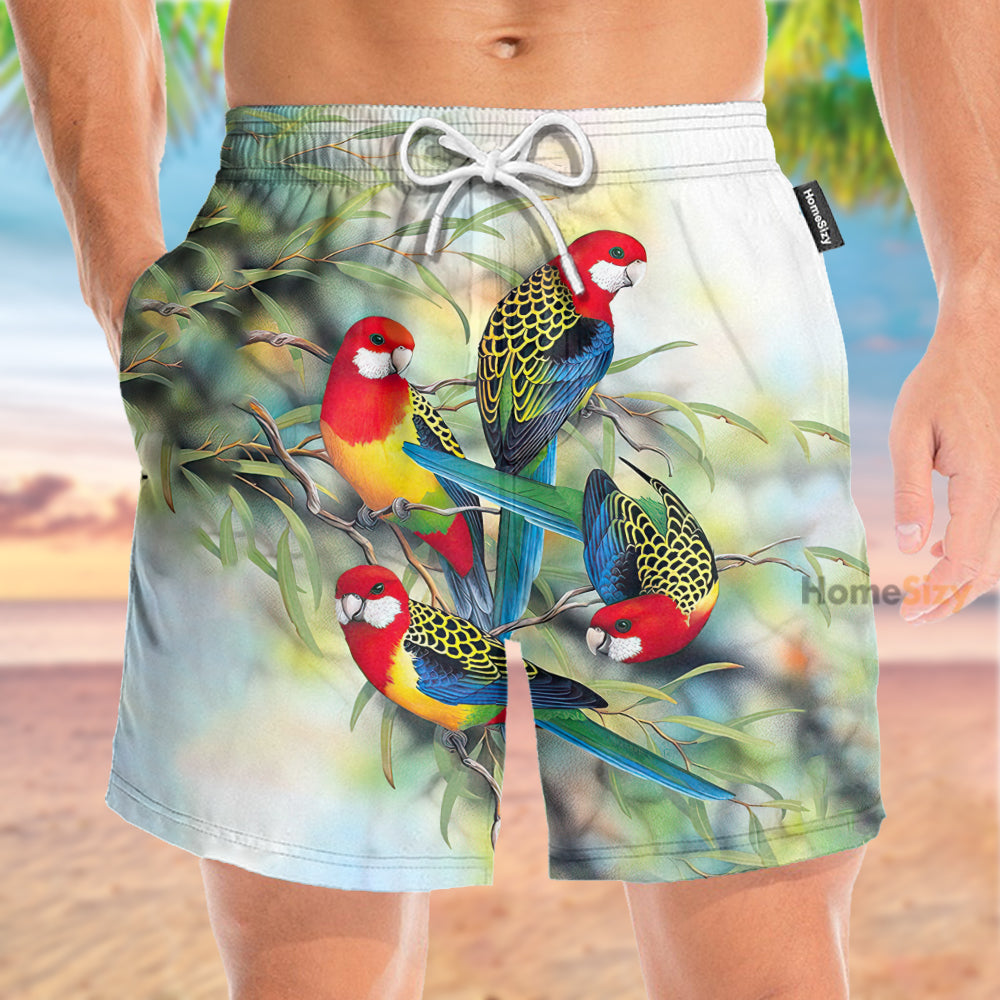 Parrots And Tropical Green Leaves - Beach Shorts