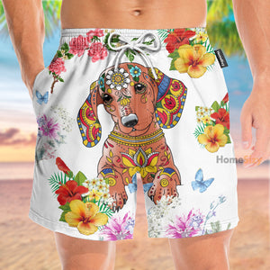 Dog And Flowers Tropical - Gift For Dog Lovers - Beach Shorts