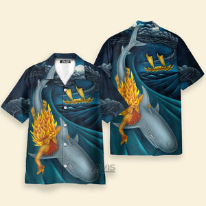 Avis89 Shark Surfing In The  Ocean Blue Pattern - Hawaiian Shirt