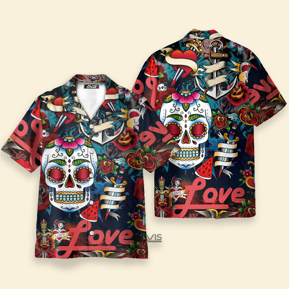 Avis89 Colorful Tattoos Flowers Of The Dead Skulls And Roses - Hawaiian Shirt