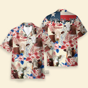 Avis89 Unique Hereford Cattle American Flag Flowers - Hawaiian Shirt