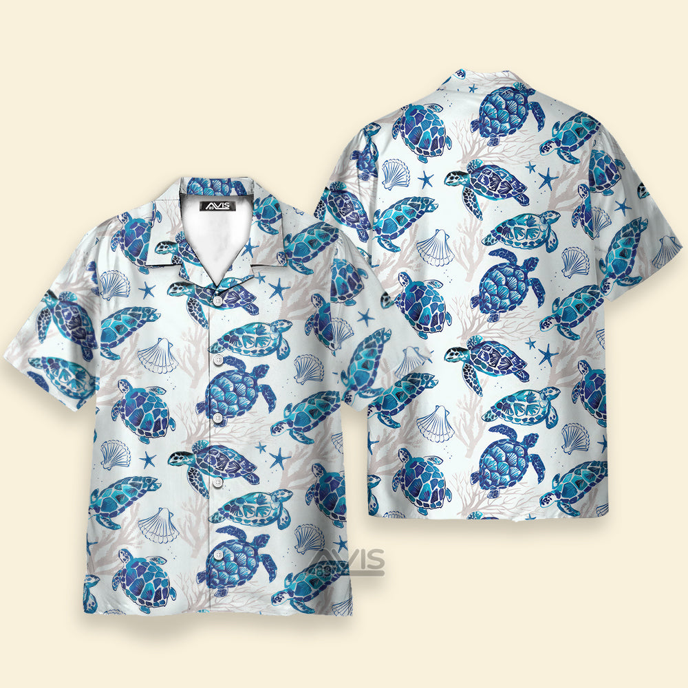 Avis89 Blue Sea Turtle And Mussel Pattern - Hawaiian Shirt