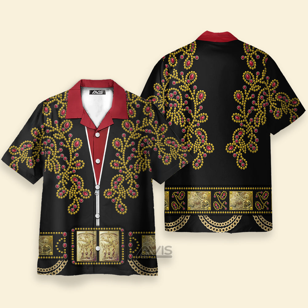 Avis89 Elvis Spanish Flower Black With Red Stones - Costume Cosplay Hawaiian Shirt ELHS39