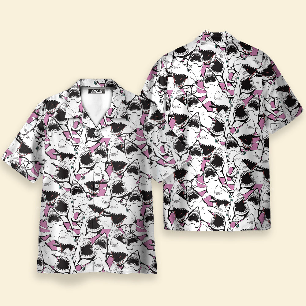 Avis89 Shark Pattern White Pink - For Men And Women - Hawaiian Shirt