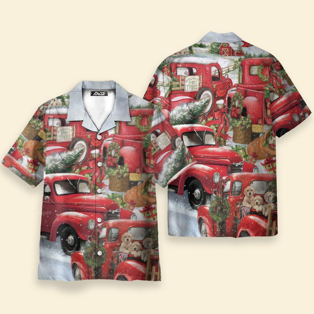 Christmas Red Truck With Xmas Tree And Little Puppy - Hawaiian Shirt