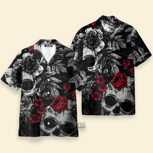 Avis89 Skull Rose Print Black And Red - Hawaiian Shirt