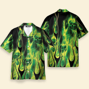 Casual Green Flame Skull Print Aloha Shirt