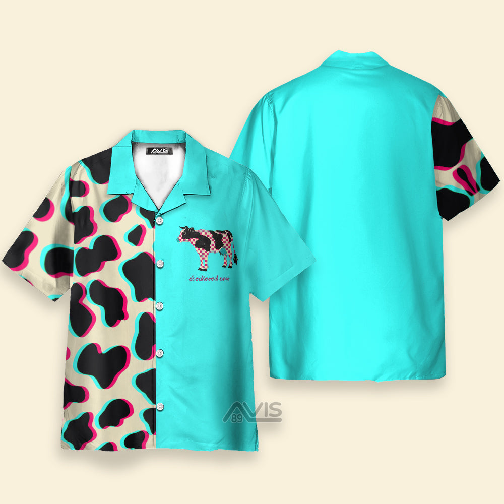 Avis89 Checkered Cow Pattern Cream And Blue - Hawaiian Shirt