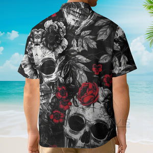 Avis89 Skull Rose Print Black And Red - Hawaiian Shirt