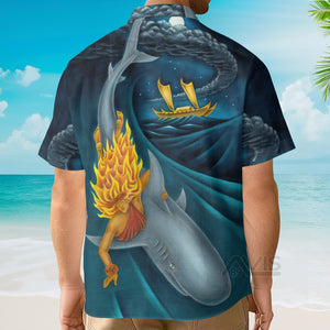 Avis89 Shark Surfing In The  Ocean Blue Pattern - Hawaiian Shirt