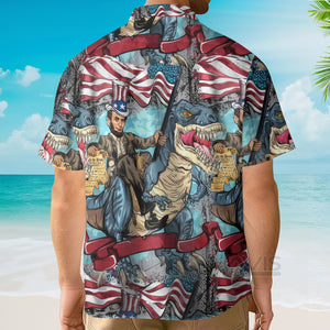 Avis89 Abraham Lincoln The US Flag And Dinosaur - Hawaiian Shirt