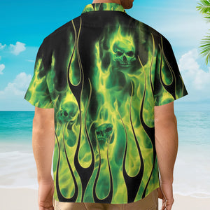 Casual Green Flame Skull Print Aloha Shirt