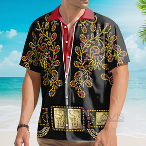 Avis89 Elvis Spanish Flower Black With Red Stones - Costume Cosplay Hawaiian Shirt ELHS39