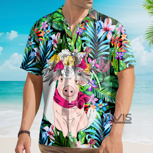 Avis89 Tropical Flowers Pink Pig - Hawaiian Shirt Summer Vibe