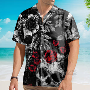 Avis89 Skull Rose Print Black And Red - Hawaiian Shirt