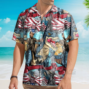 Avis89 Abraham Lincoln The US Flag And Dinosaur - Hawaiian Shirt