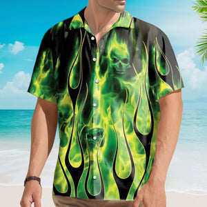 Casual Green Flame Skull Print Aloha Shirt