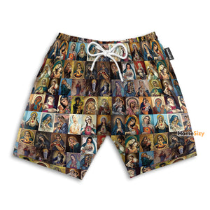 Virgin Mary Holding Baby Jesus Images Collage Out - Beach Shorts