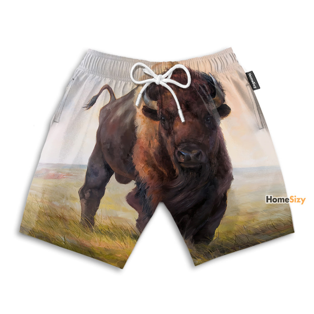 Bison In Field Funny Tropical - Beach Shorts