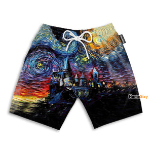 Wizard And Witch Castle Starry Night - Beach Shorts