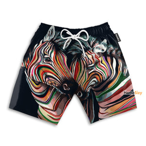 Zebra Couple Coloful In Black - Beach Shorts