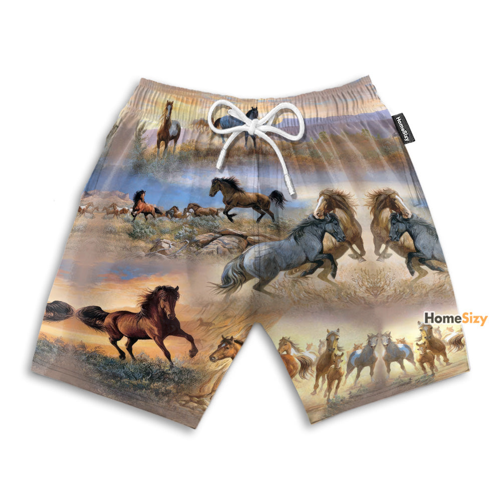 Beautiful Horses Running In Jungle - Beach Shorts