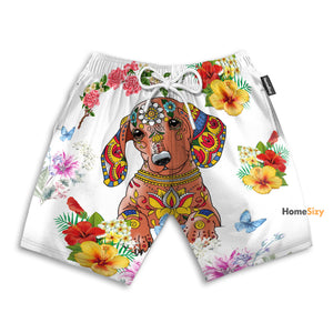 Dog And Flowers Tropical - Gift For Dog Lovers - Beach Shorts