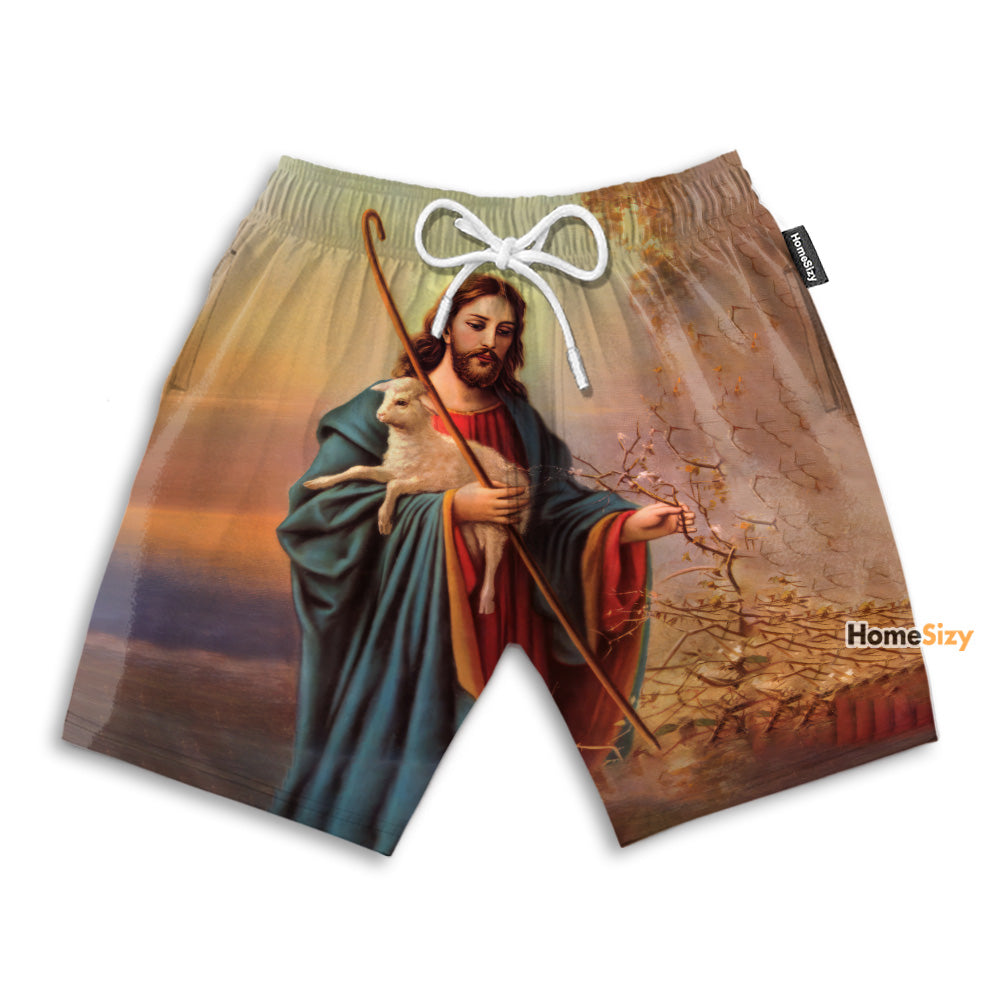 Jesus Hugging A Lamb - Beach Shorts