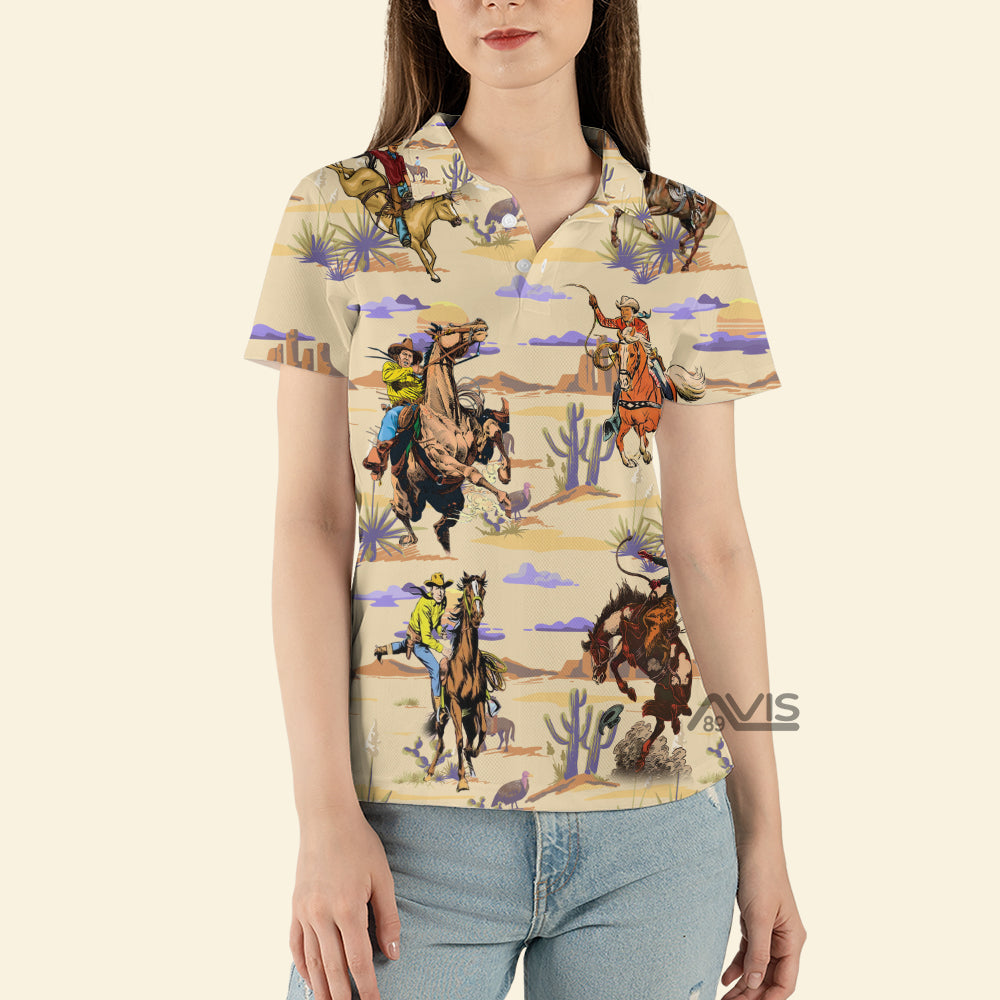 Avis89 Cowboy Cowgirl Riding Horse In The Desert - Women Polo Shirt