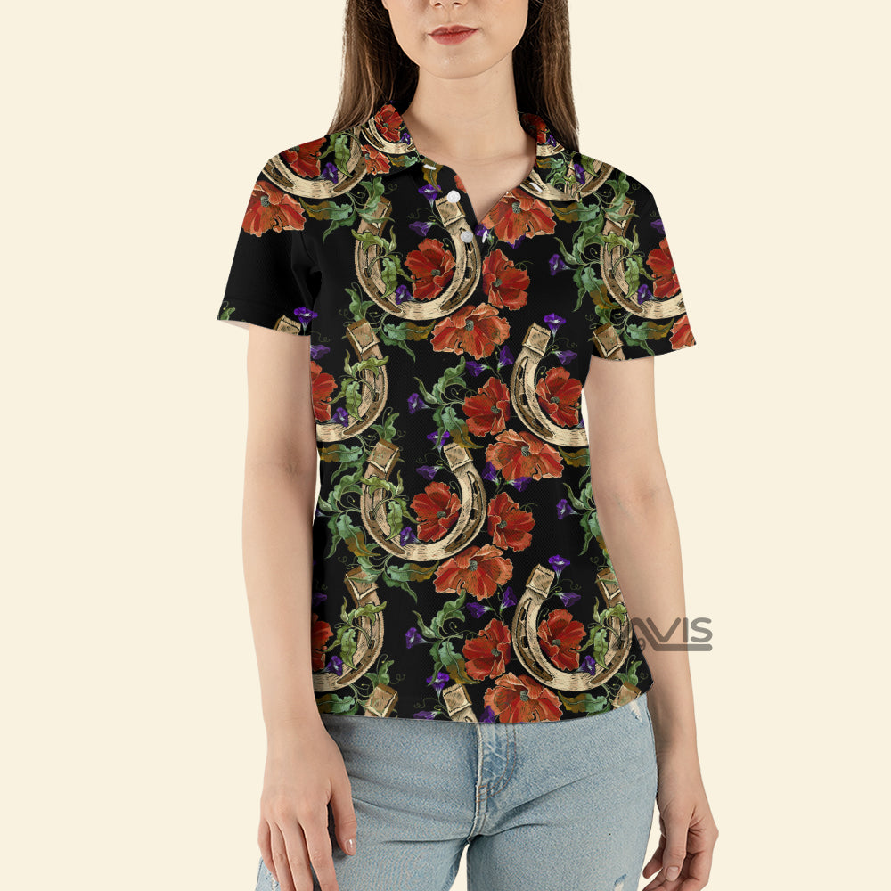 Avis89 Gold Horseshoe Red Poppies Flowers - Women Polo Shirt