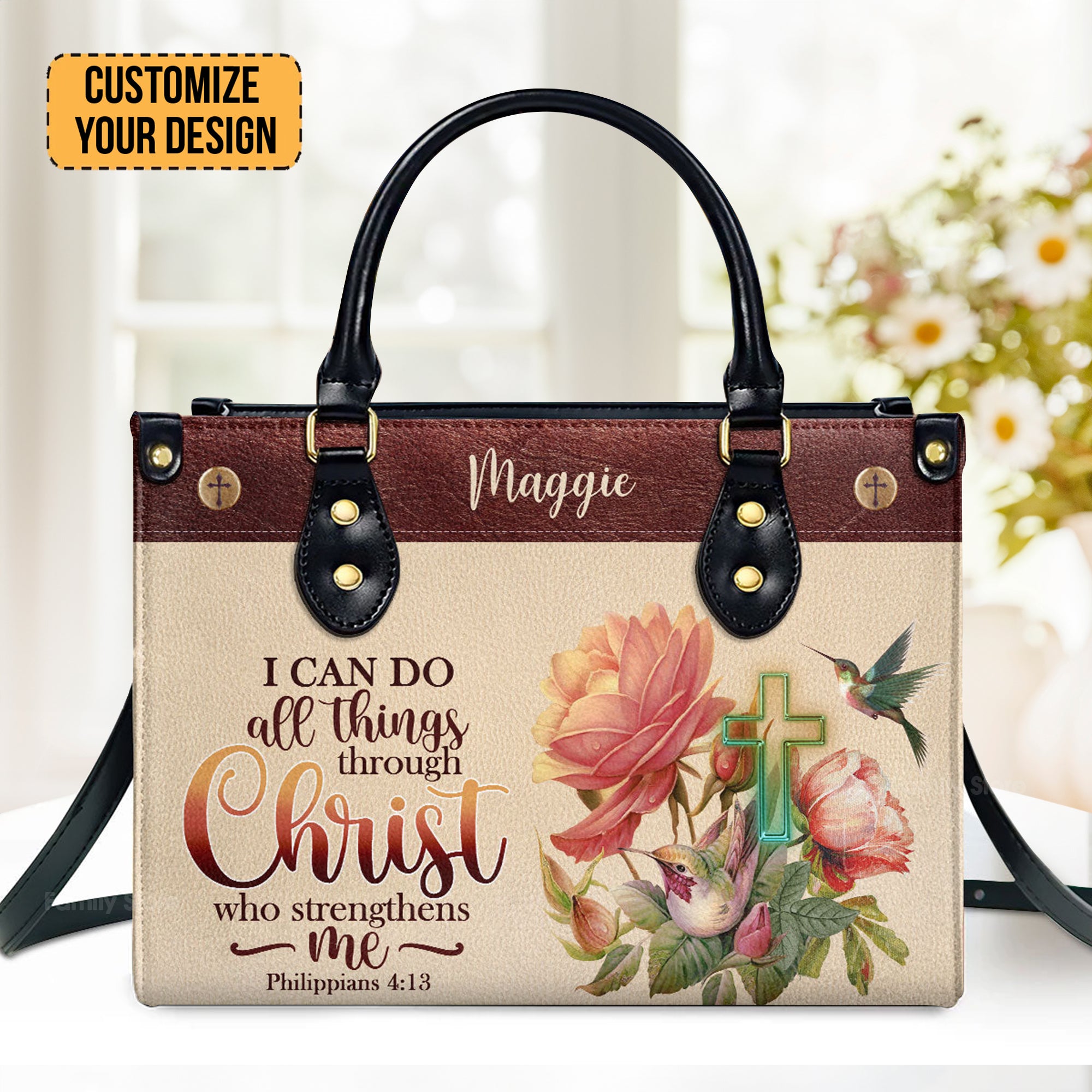 I Can Do All Things Through Christ Philippians 413 Humming Bird And Cross - Thoughtful Gift For Christians - Personalized Leather Handbag - AT4080923