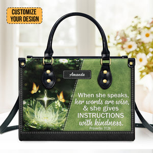 When She Speaks, Her Words Are Wise - Thoughtful Gift For Christians - Personalized Leather Handbag With Handle - AT4080807