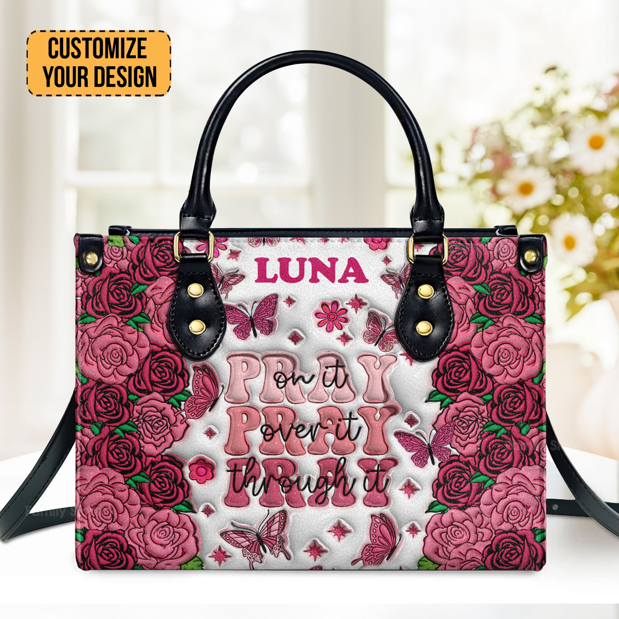 Pray 3D Effect Rose - Personalized Leather Handbag With Handle - AT4081402