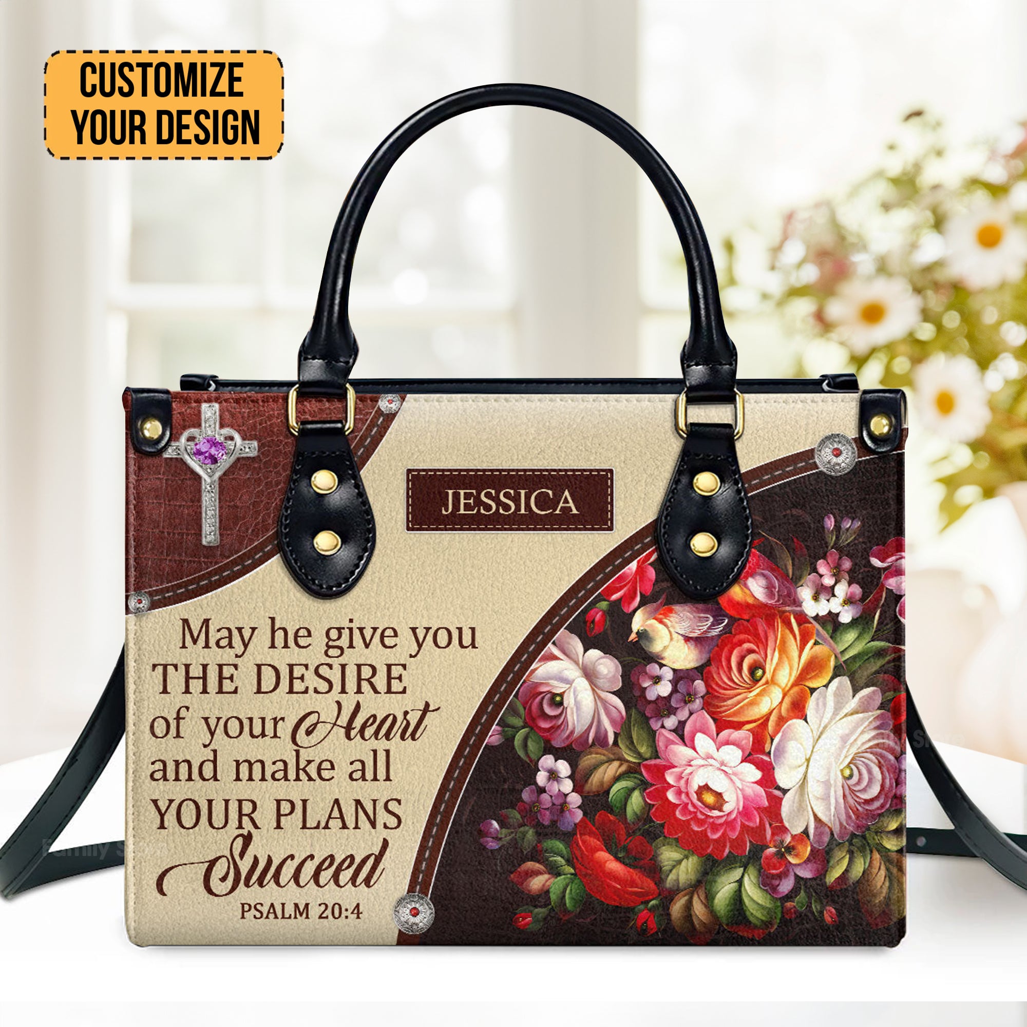 May He Make All Your Plans Succeed - Awesome Personalized Flower Leather Handbag - AT4080701